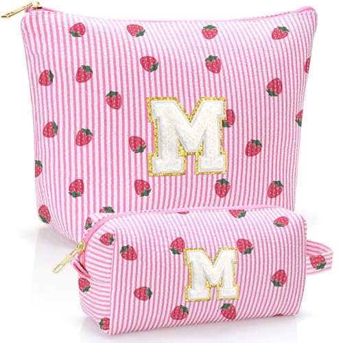 Personalized Initial Makeup Bag,Strawberry Print Preppy Cosmetic Toiletry Travel Bag,Trendy Letter Makeup Pouch for Teen Girls and Women,Holiday & Birthday Gift,2 Pack (M, Pink Strawberry) - style: M