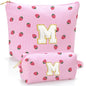 Personalized Initial Makeup Bag,Strawberry Print Preppy Cosmetic Toiletry Travel Bag,Trendy Letter Makeup Pouch for Teen Girls and Women,Holiday & Birthday Gift,2 Pack (M, Pink Strawberry) - style: M
