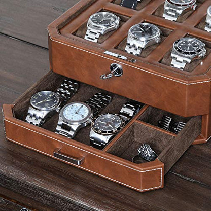 ROTHWELL 6 Slot Leather Watch Box with Valet Drawer - Luxury Case Display Organizer, Microsuede Liner, Locking Mens Jewelry Watches Holder, Men's Watch Storage Large Glass Top (Tan/Brown) - color: 6 Slot - Tan / Brown