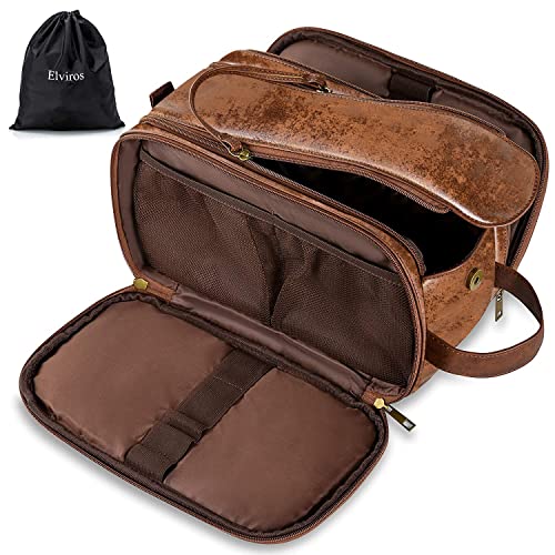 Elviros Travel Toiletry Bag for Men, Shaving Dopp Kit Water-resistant Bathroom Small Toiletries Organizer PU Leather Cosmetic Bags - color: Dark Brown, size: Small (Pack of 1)