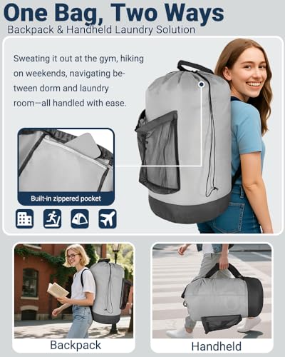 Laundry Bag with Shoulder Straps and Mesh Pocket Laundry Backpack Large Portable Laundry Hamper for College Laundromat Apartment - color: Light Gray & Dark Gray