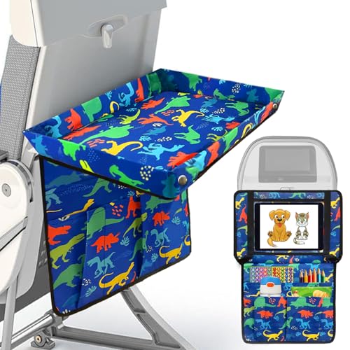 Adjustable Kids Tray Table Cover with Multi Portable Pockets, Airplane Travel Essentials for Kids, Toddlers, Adults, Airplane Must Haves, Plane Travel Essential, Travel Tray for Plane Train, Dinosaur - color: Blue Dinosaur Colorful
