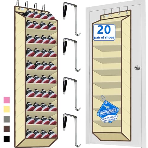 Over the Door Shoe Organizer, 20 to 30 Pairs Hanging Shoe Holder, Heavy Duty Extra Deep Pockets Shoe Storage for Closet, Anti-Scratch Hooks & FSC-Certified Bamboo - Beige - color: Beige
