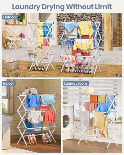 APEXCHASER Oversize Clothes Drying Rack, 3-Tier Drying Rack Clothing, Expandable Metal Laundry Drying Rack, Air Drying Rack, Clothes Rack, No install, 24lb Capacity, 14.9" D x 29.3" W x 39.3" H, White - color: White