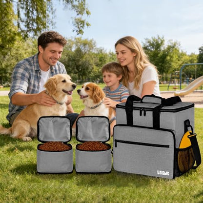 5 Set Dog Travel Bag for Supplies, Dog Lovers, Large Pet Travel Kit Includes 2 Food Containers&2 Collapsible Bowls、Placemats,Grey - color: Wavellite Gray