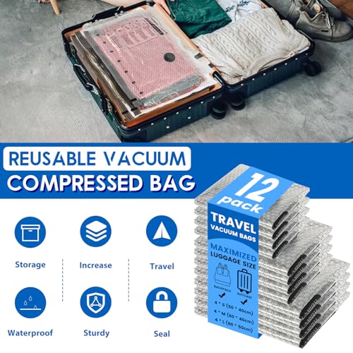 12 Combo Vacuum Storage Bags with Electric Pump (4 Large, 4medium, 4 Small) Travel Clothes Space Saver Bags, Compression Airtight Seal Bags for Clothing, Pillows, Comforters(12PCS with electric pump)
