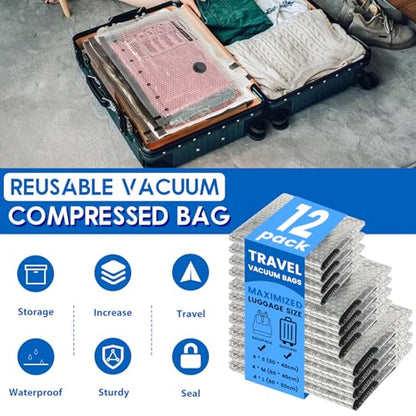 12 Combo Vacuum Storage Bags with Electric Pump (4 Large, 4medium, 4 Small) Travel Clothes Space Saver Bags, Compression Airtight Seal Bags for Clothing, Pillows, Comforters(12PCS with electric pump)
