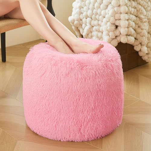 XeGe Fluffy Faux Fur Inflatable Pouf Ottoman, Cozy Shaggy Fuzzy Foot Stool, Plush Furry Foot Rest Floor Pouf Anti-Slip Kid Girl Adult, Foldable Round Ottoman Cushion for Living Room Bedroom, Pink - color: Pink, size: 20"x20"x16"