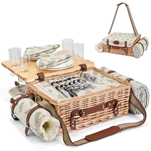 Multifunctional Wicker Picnic Basket Set for 4 with Blanket and Picnic Table, Insulated Picnic Set with Full Tablewares for Camping Outdoor Couples,Leaf - color: Leaf With Blanket &Table for 4