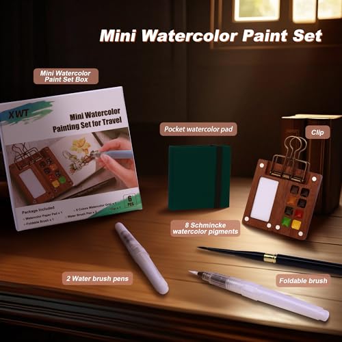 Mini Watercolor Paint Set, Portable Travel Art Kit with Wooden Palette, 8 Color Pigments, Watercolor Pad, Water Brush Pens and Accessories for Artists - color: 8 Colors