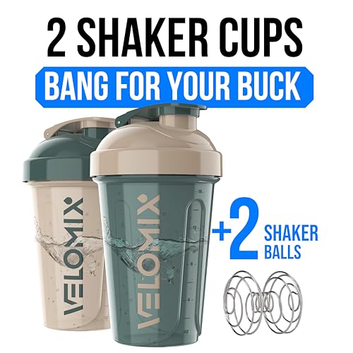 VELOMIX -2 Pack- 20 oz Protein Shaker Bottles for Protein Mixes - 2x Wire Whisk | Leak Proof Shaker Cups for Protein Shakes and Pre Workout | Protein Shaker Bottle Pack (A5) Blue&Beige - color: A5) Blue&Beige