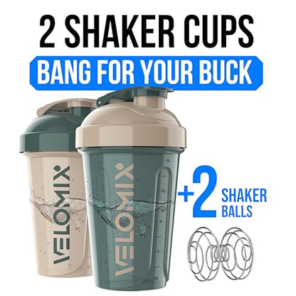 VELOMIX -2 Pack- 20 oz Protein Shaker Bottles for Protein Mixes - 2x Wire Whisk | Leak Proof Shaker Cups for Protein Shakes and Pre Workout | Protein Shaker Bottle Pack (A5) Blue&Beige - color: A5) Blue&Beige