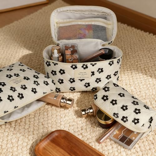 Gosect 3pc Makeup Bag Set, Quilted Makeup Bag Set, Large Floral Cosmetic Bag for Women, Cute Cotton Makeup Bags, Flower Travel Toiletry Organizer Bag (Black Flowers) - color: Black Flowers