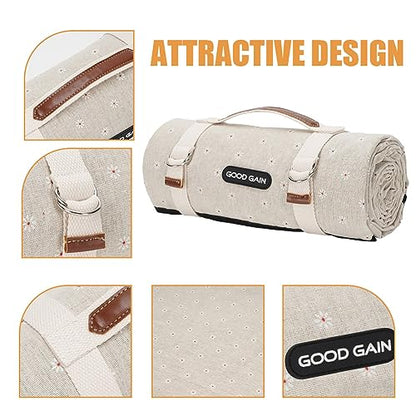 G GOOD GAIN Picnic Blanket Waterproof, Linen Feel Outdoor Blanket Extra Large - Foldable Beach Mat with Carry Strap for Camping, Park, Travel (White Flower) - color: White Flower