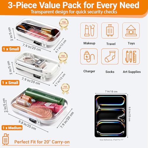 YQBRAO 6 Pack Clear Hard Shell Beauty Organizer (2M+4S), 1.2mm Crush-Proof Cosmetic Case, Reinforced YKK Zippers, Stadium Approved Security Bag for Skincare, Toiletries & Electronics, Multi-Size Set - color: White, size: 6 Pack (2M+4S)