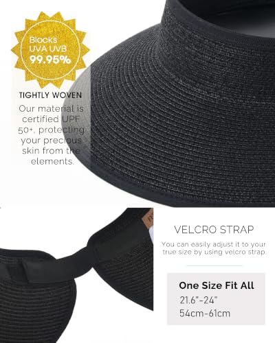 FURTALK Sun Hats for Women Wide Brim Beach Hat Straw Visor Ponytail Summer UV Packable Foldable Beach Vacation Essentials - color: Black