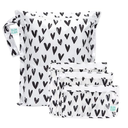 Bumkins - Waterproof Wet Bag & Clear Travel Bags - For Beach, Baby, Travel, Swim Suit, Cloth Diapers, Pump Parts, Pool, Gym, Toiletries - Reusable & Easy to Clean - Black Hearts - 4 Pack - color: A6 Black Hearts-4