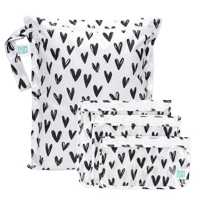 Bumkins - Waterproof Wet Bag & Clear Travel Bags - For Beach, Baby, Travel, Swim Suit, Cloth Diapers, Pump Parts, Pool, Gym, Toiletries - Reusable & Easy to Clean - Black Hearts - 4 Pack - color: A6 Black Hearts-4