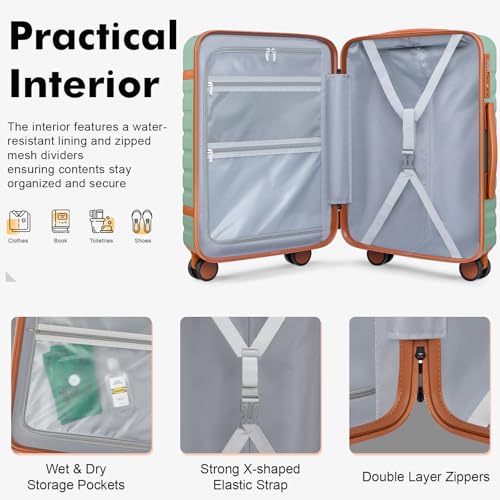 Luggage Sets 3 Piece with Spinner Wheels, Lightweight PC Hardside Suitcase with TSA Lock & YKK Zippers, 20 Inch Carry On Luggage with Travel Bag for Men and Women, Green - color: Green, size: 3 Piece Set (20inch)