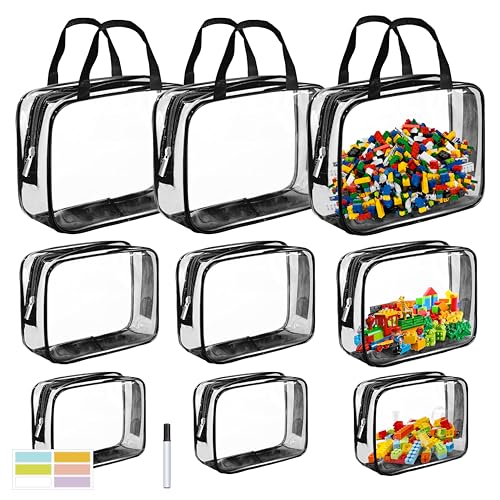 9-Piece Clear Storage Bags Set with Zipper – Large, Medium & Small Sizes – Waterproof Makeup, Toiletry, Toy Organizer Bags – Includes Label Stickers & Marker – Perfect for Travel & Kids Storage