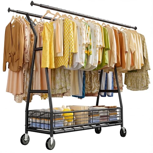 Raybee Heavy Duty Clothes Rack 630LBS, Double Rods Clothing Rack with Storage Basket, Portable Garment Rack for Heavy Clothes, Extendable & Adjustable, Bedroom, Closet, Commercial, Black - color: Black, style: Double Rods