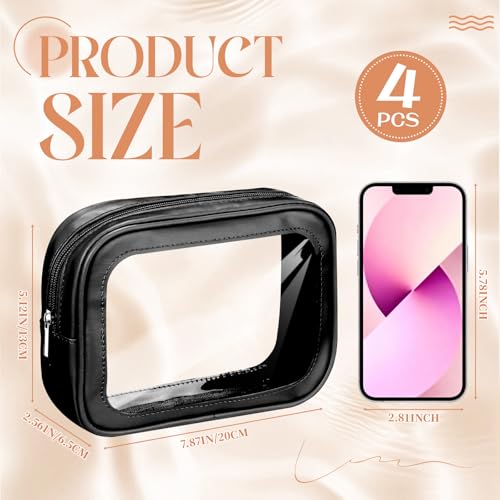 Abbylike 4 Pcs Clear Makeup Bag PU Leather Tsa Approved Toiletry Bag with Zipper Transparent Waterproof Portable Cosmetic Bags Travel Car Clear Organizer Bags for Gifts Women Girl Mother's Day, Black - color: Black