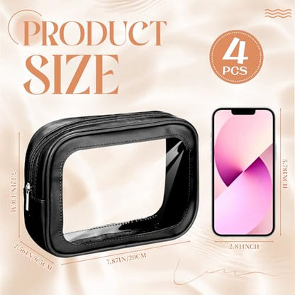 Abbylike 4 Pcs Clear Makeup Bag PU Leather Tsa Approved Toiletry Bag with Zipper Transparent Waterproof Portable Cosmetic Bags Travel Car Clear Organizer Bags for Gifts Women Girl Mother's Day, Black - color: Black