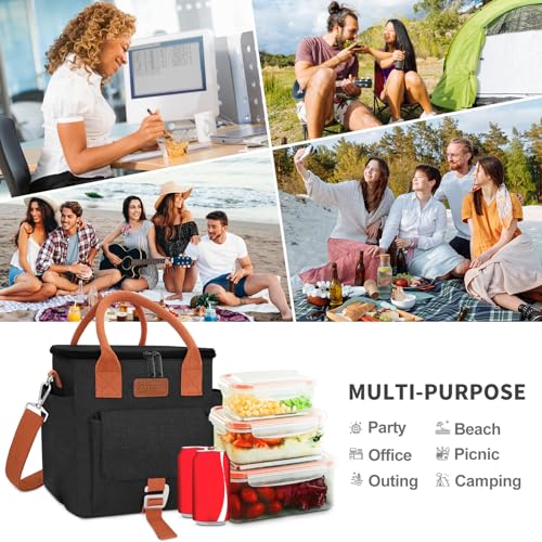 Joymee Insulated Lunch Bag for Women Waterproof Cooler Lunch Tote bag-Black | Large Spacious, Cooler Lunch Bag, Adjustable Shoulder Strap, With Side Pocket, Bottle Holder, for Office Work Picnic Travel - color: Black