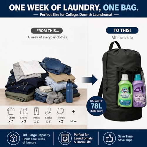 Backpack Laundry Bag Durable Polyster Laundry Backpack Bag with Shoulder Straps, Drawstring Closure & Mesh Pocket, Large Clothes Hamper for Dorm, Travel, Laundromat (Black) - color: Black