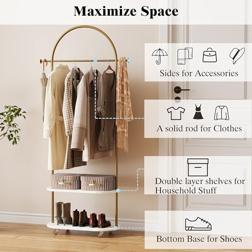 Gold Clothing Rack,Freestanding Coat Rack with Faux Marble shevles,Modem Arch Gold Garment Rack with shoes rack for Small Spaces,Bedroom, Entryway
