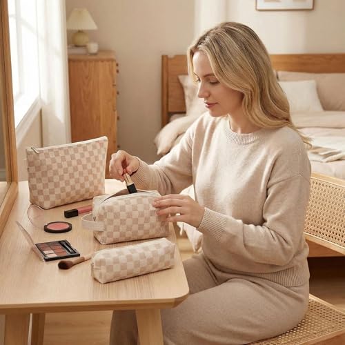 3 Pcs Canvas Makeup Bag Set Checkered Cosmetic Pouch for Women Travel Toiletry Bag Cute Makeup Organizer Purse Pouch Preppy Pencil Case with Zipper (Checkered Khaki) - color: Checkered Khaki