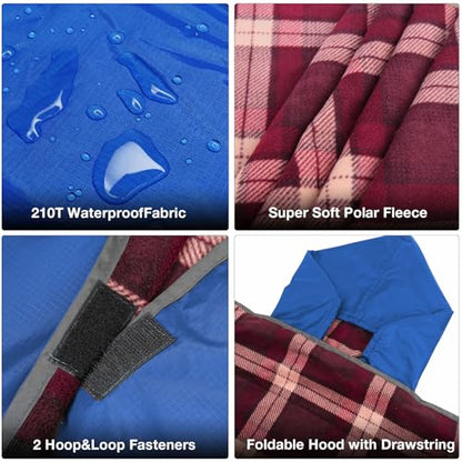 DUKUSEEK Waterproof Stadium Blanket with Hood, Wine Red Plain Waterproof Outdoor Blankets - color: Dark-blue-red-plaid