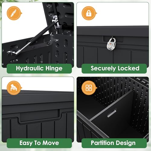 Devoko 260 Gallon Double-Wall Deck Box with Divider, Side Handles, Resin Outdoor Large Storage Box Waterproof and Lockable for Patio Furniture, Garden, Pool (Black, 260 Gallon) - color: Black, size: 260 Gallon 1 Pack