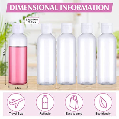 50 Pcs 3.4 oz Travel Bottles for Toiletries TSA Approved Leakproof Plastic Empty 100 ml Travel Size Bottles Bulk Refillable Squeeze Clear Container for Cosmetic Shampoo Liquids(Clear, White)