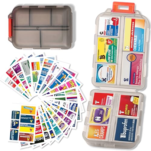 Pill Organizer with Medicine Labels Travel Daily Pill Container Mini Medication Organizer Storage Pill Organizer Travel Essentials Pill Case 7 Day (Grey & 161 Lables) - color: Grey, size: Standard