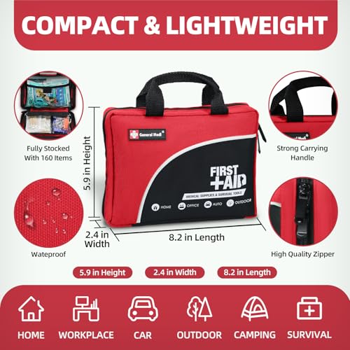 First Aid Kit -160 Pieces Compact and Lightweight - Including Cold (Ice) Pack, Emergency Blanket, Moleskin Pad,Perfect for Travel, Home, Office, Car, Camping, Workplace (Red)