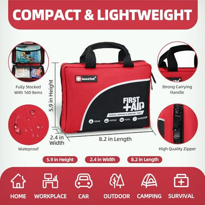 First Aid Kit -160 Pieces Compact and Lightweight - Including Cold (Ice) Pack, Emergency Blanket, Moleskin Pad,Perfect for Travel, Home, Office, Car, Camping, Workplace (Red)