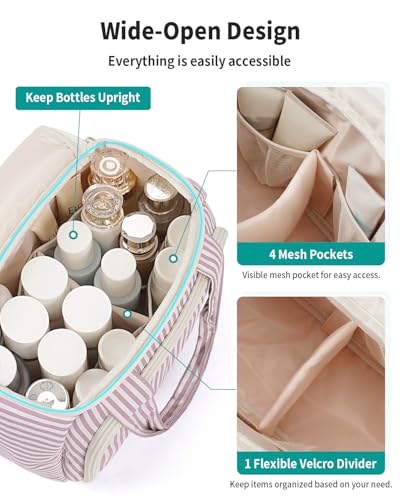 Narwey Striped Travel Toiletry Bag Large Makeup Bag for Women, Wide-open Cosmetic Make Up Organizer with Handle, Travel Bag for Toiletries, Essentials, Accessories (Dusty Pink Stripe) - color: Y-Dusty Pink Stripe