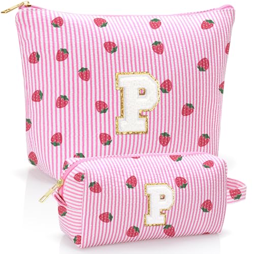Personalized Initial Makeup Bag,Strawberry Print Preppy Cosmetic Toiletry Travel Bag,Trendy Letter Makeup Pouch for Teen Girls and Women,Holiday & Birthday Gift,2 Pack (P, Pink Strawberry) - style: P