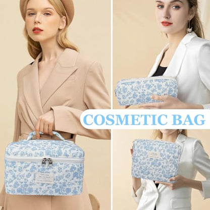 Gosect 3PC Makeup Bag Set, Quilted Makeup Bag, Large Floral Cosmetic Bag for Women, Cute Cotton Makeup Bags, Flower Travel Toiletry Organizer Bag (White and Blue Bow) - color: Pink Plaid Bow