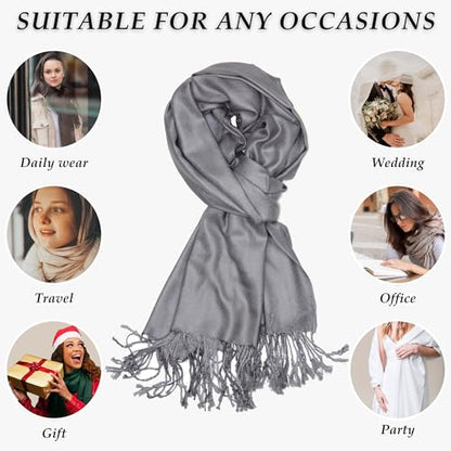 Achillea Lightweight Pashmina Scarf for Women – Soft Silky Shawl Wrap for Evening Dresses, Bridesmaids & Everyday Wear - color: Grey