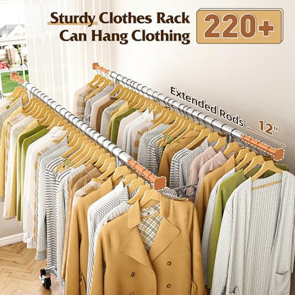 Raybee Clothes Rack, Seasonal Storage & Closet Organize, Collapsible Frame | Heavy Duty, Large Capacity, Commercial-Grade Stainless Steel, Expandable Rods, Height Adjustable, Lockable Wheels, Fast Setup - color: Chrome