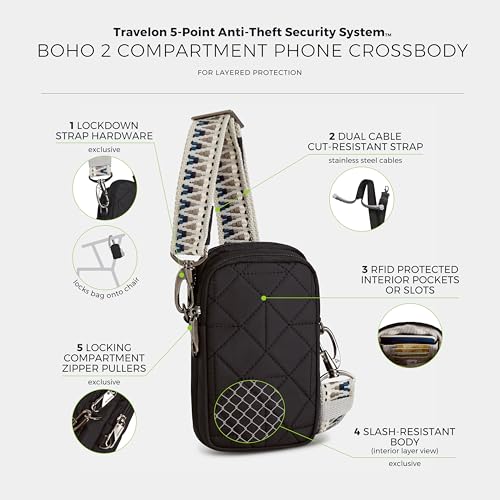 Travelon Anti-Theft Boho 2 Compartment Phone Crossbody - color: Black