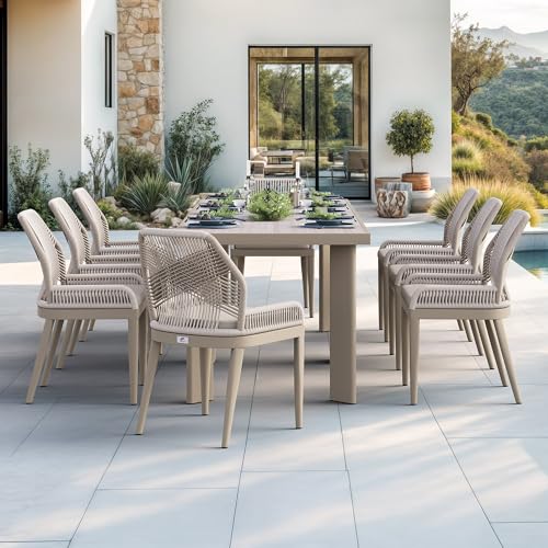 PURPLE LEAF 9 Pieces Patio Dining Set Aluminum Modern Rectangular Table and Wicker Chairs with Cushions for Kitchen Porch Garden Outdoor Furniture Sets, Champagne - color: Champagne, size: 9 PCS, style: Rectangular