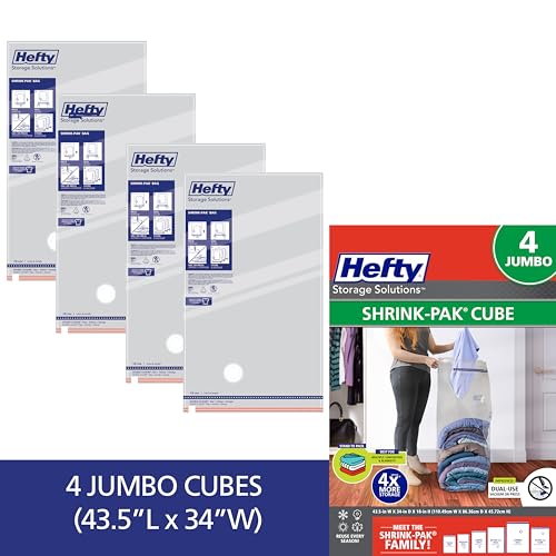 Hefty Shrink-Pak Vacuum Storage Bags – For Clothes, Pillows, Towels, Blankets & More – Space Saver Vacuum Suction Sealer Bags for Home or Travel – 4 Jumbo Cubes, 43.5 x 34 x 18 Inches - size: 4 Jumbo Cube