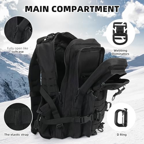 Hannibal Tactical MOLLE Assault Backpack, Tactical Backpack Military Army Camping Rucksack, 3-Day Pack Trip w/USA Flag Patch, D-Rings, Flag patch with water bottle - color: Flag Patch With Water Bottle