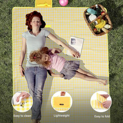 HX&OD Picnic Blanket Outdoor Extra Large Picnic Mat 80"X60" Camping Blanket Beach Blanket Foldable Waterproof Sand Mat Hiking Travel Family Concerts(Yellow) - color: Yellow, size: 80”x 60”