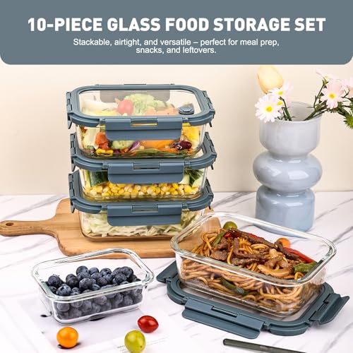 Liuruiyu 10 Pack Glass Food Storage Containers with Glass Lids, Airtight Meal Prep Containers, Leak-Proof Bento Boxes for Microwave, Oven, Freezer & Dishwasher, BPA-Free - color: 5*12.5&5*35.8oz