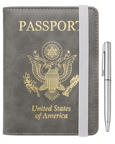 WALNEW Passport Holder for Travel, RFID Passport Cover Wallet for Women Men, PU Leather Passport Book Card Holder Case with Pen, Travelling Essentials for Flying - color: B-Gray, style: Elastic Band Closure