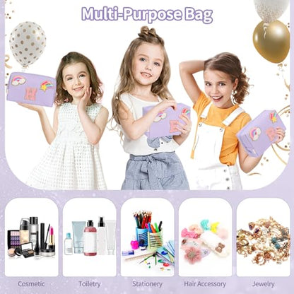Initial Makeup Bag for Girls, Cute Makeup Bag Small Cosmetic Bag Travel Make Up Organizer Pouch, Birthday Gifts for Girls 4 5 6 7 8 9 10 11 12 13 14 15 Years Old, Teen Girls Gifts Trendy Stuff - color: Purple + Bracelet, style: S